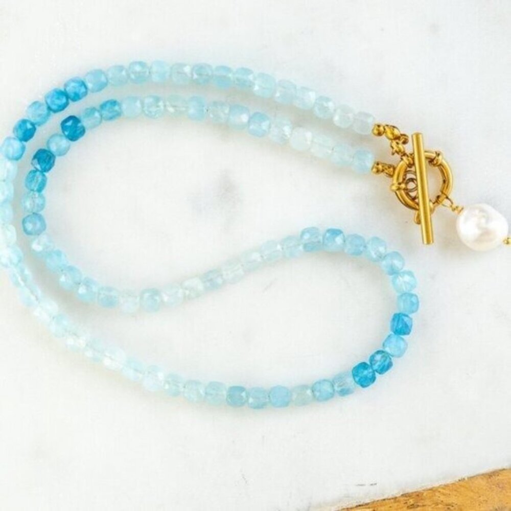 Aquamarine Beaded Necklace Ocean Blue Gemstone Jewelry Waterproof Vacation Gift - Picture 13 of 14